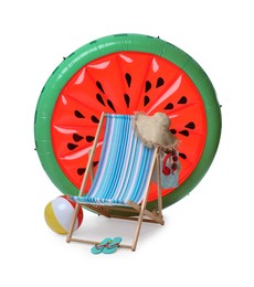 Photo of Deck chair, inflatable mattress and other beach accessories isolated on white