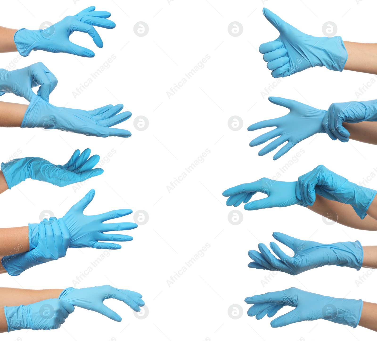 Image of Collage with photos of woman wearing medical gloves on white background, closeup