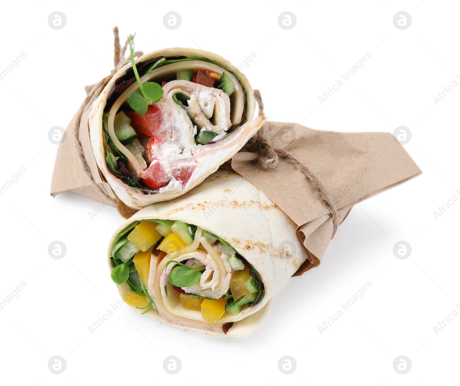 Photo of Delicious sandwich wraps with fresh vegetables isolated on white