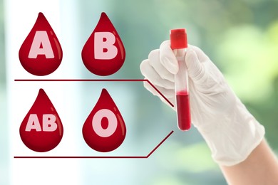 Image of Images of drops representing different blood types and scientist with sample on blurred green background, closeup