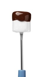 Tasty marshmallow dipped into chocolate isolated on white