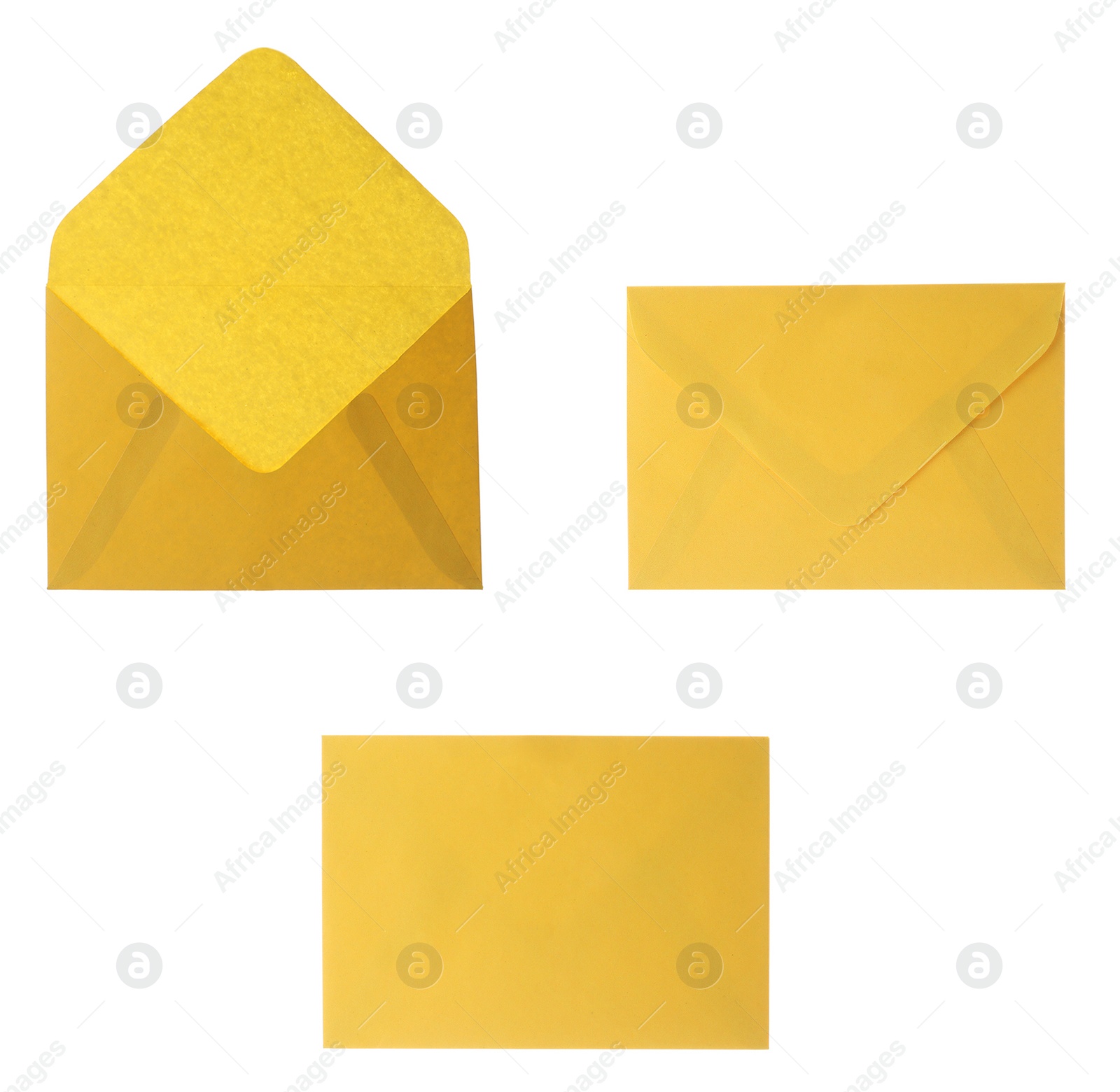 Image of Set of yellow envelopes on white background