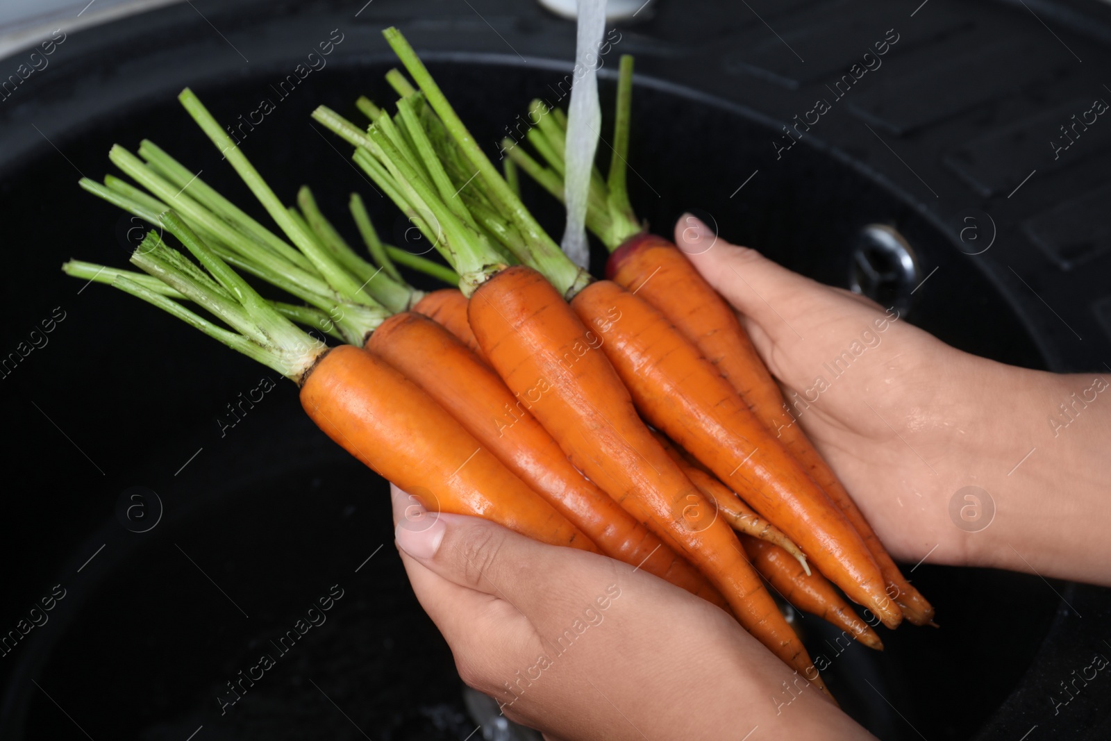 Photo of Woman washing ripe carrots with running water in sink, closeup