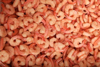 Photo of Fresh raw shrimps as background, top view. Wholesale market