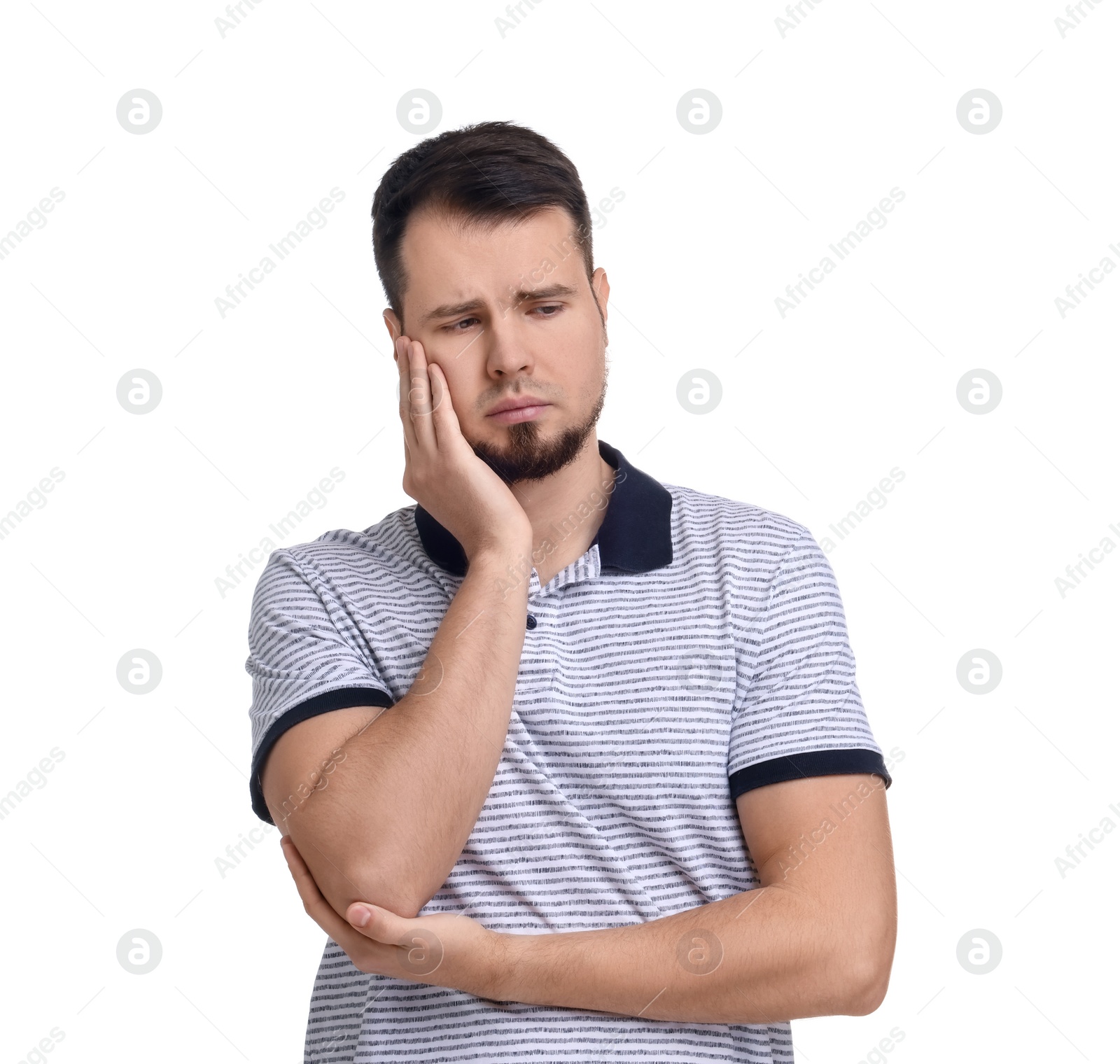 Photo of Portrait of sad man on white background