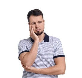 Portrait of sad man on white background