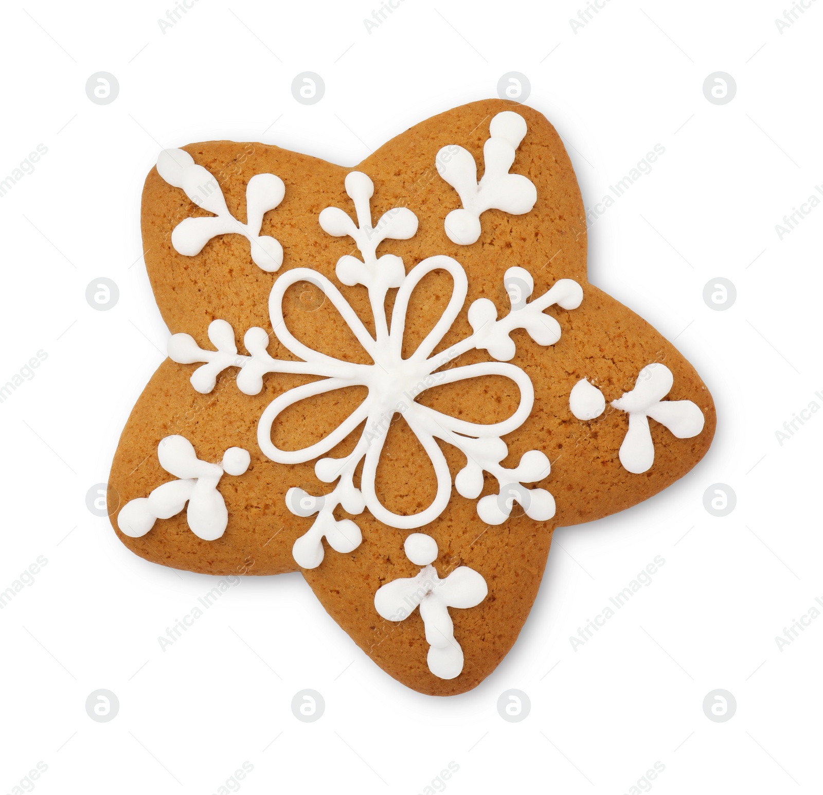 Photo of Tasty star shaped Christmas cookie with icing isolated on white, top view