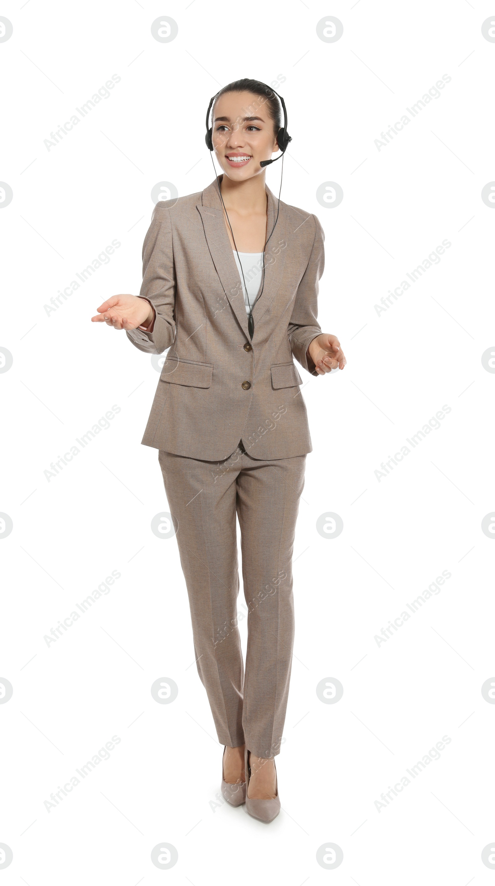 Photo of Technical support operator with headset on white background