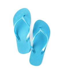 Photo of Bright flip flops on white background. Beach object