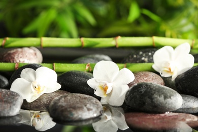 Photo of Spa stones with flowers and bamboo branches in water