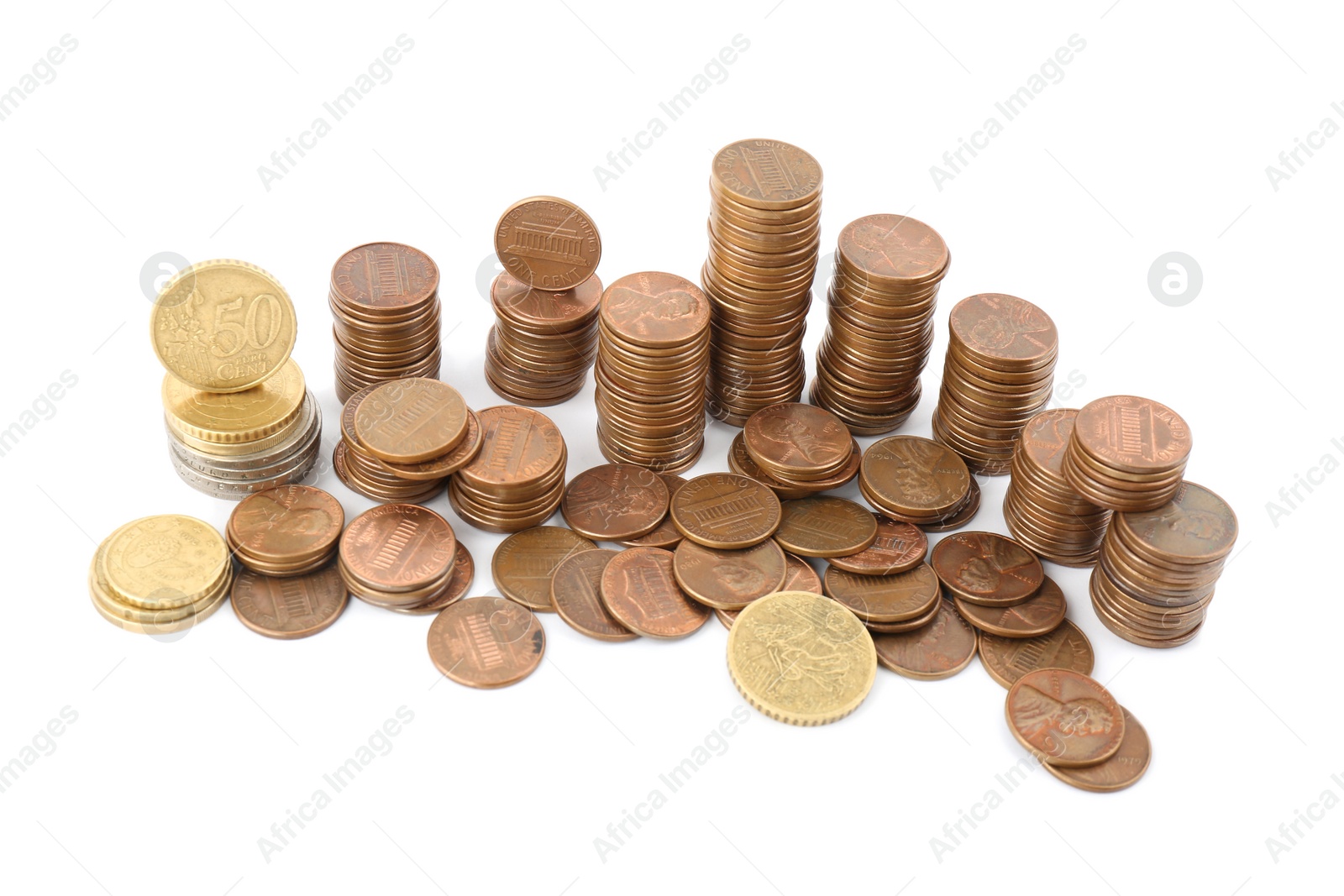 Photo of Many different stacked coins isolated on white