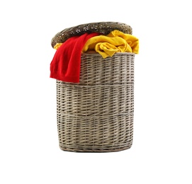 Photo of Wicker laundry basket with dirty clothes on white background