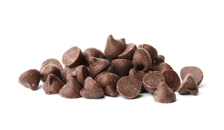 Photo of Pile of delicious chocolate chips isolated on white