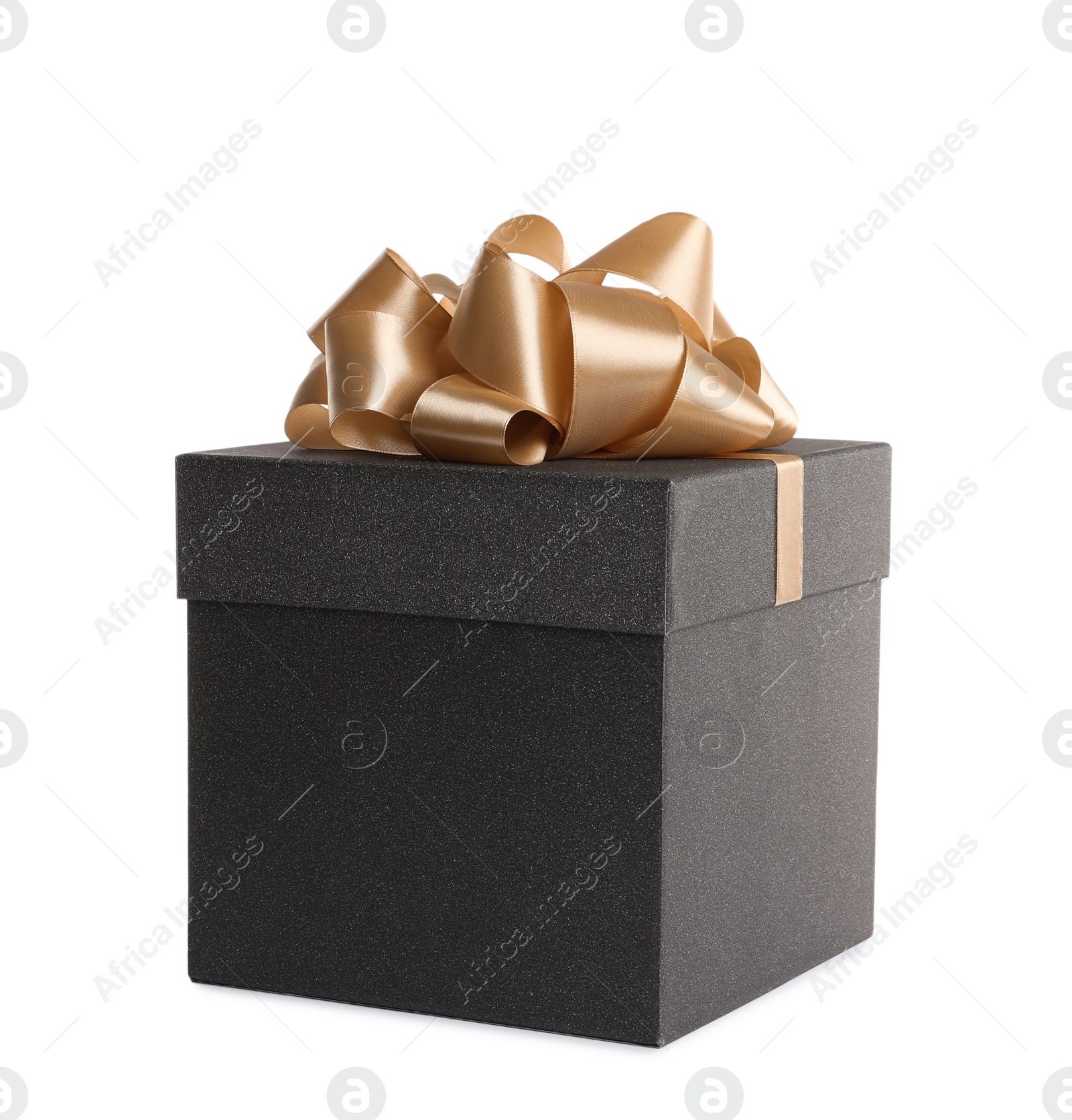 Photo of Black gift box with golden bow on white background