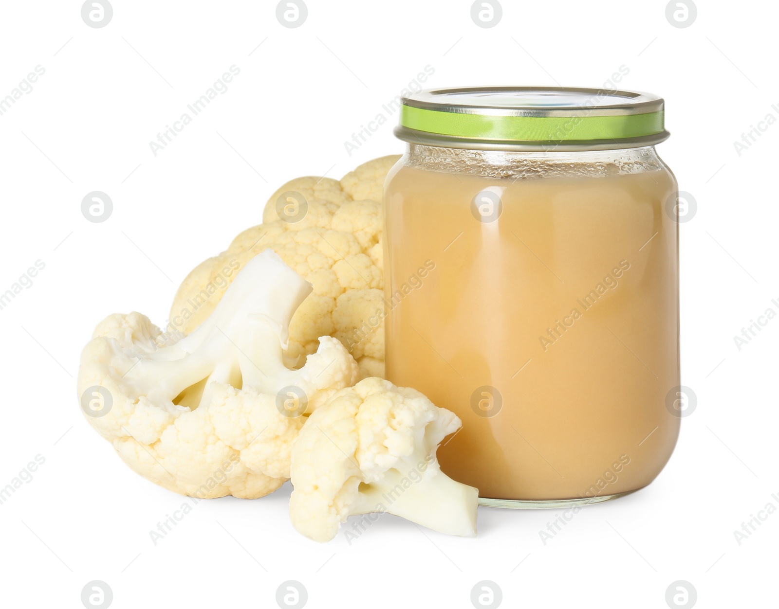 Photo of Tasty baby food in jar and fresh cauliflower isolated on white