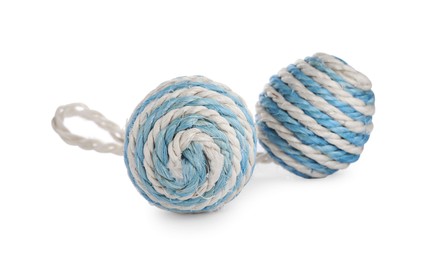 Photo of Sisal rope balls isolated on white. Toy for pet