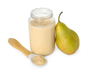 Photo of Tasty baby food in jar, spoon and fresh pear isolated on white