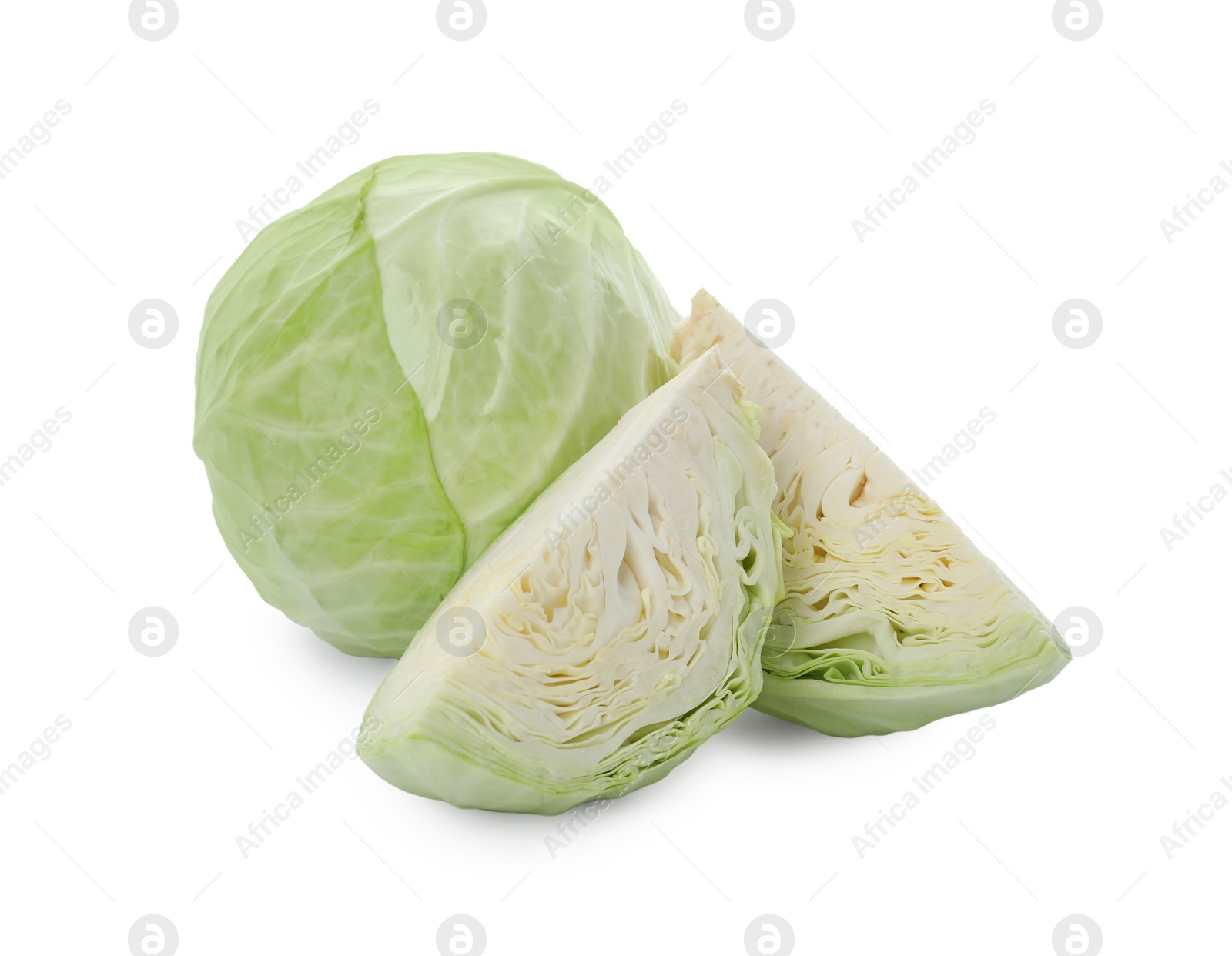 Photo of Whole and cut fresh ripe cabbages on white background