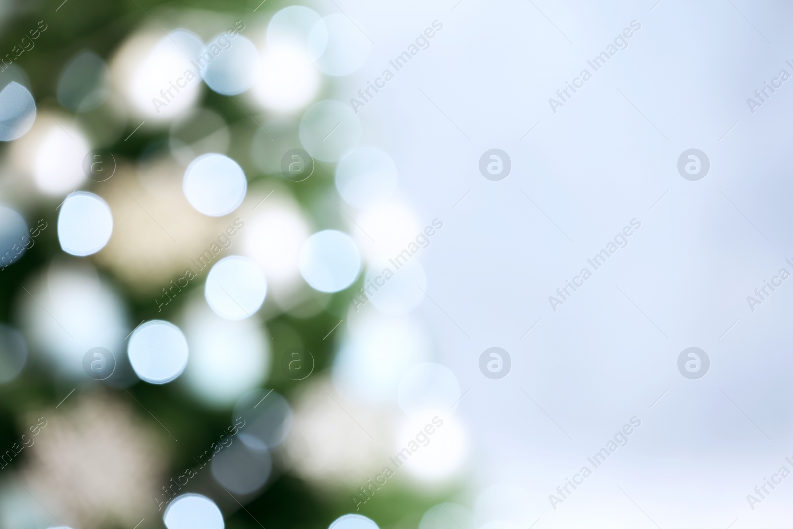 Photo of Beautiful Christmas tree with lights against grey background, blurred view. Space for text