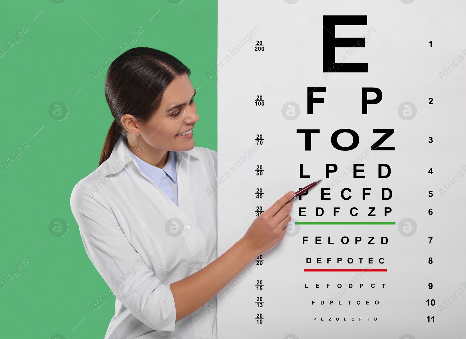 Image of Ophthalmologist pointing at vision test chart on green background