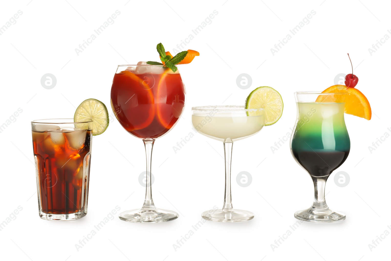 Photo of Glasses of traditional alcoholic cocktails on white background