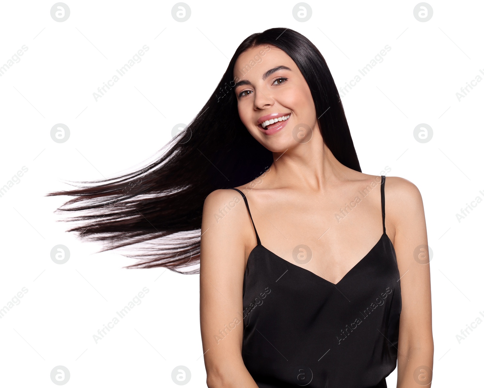 Photo of Portrait of beautiful young woman with healthy strong hair on white background