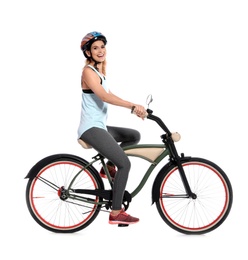 Photo of Portrait of sporty woman with bicycle on white background