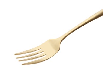 Photo of One shiny golden fork isolated on white