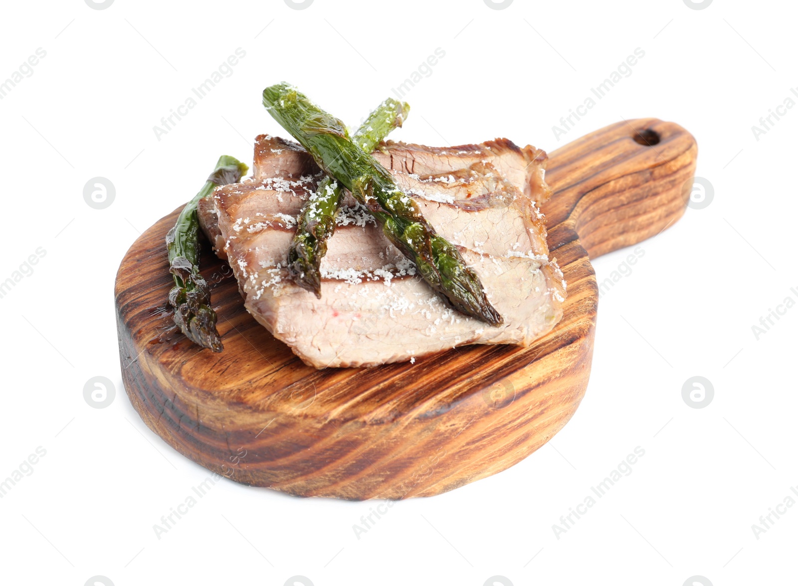 Photo of Tasty meat with asparagus isolated on white