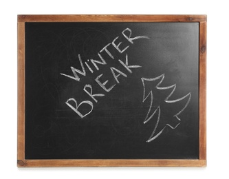 Photo of Blackboard with text Winter Break isolated on white. School holidays