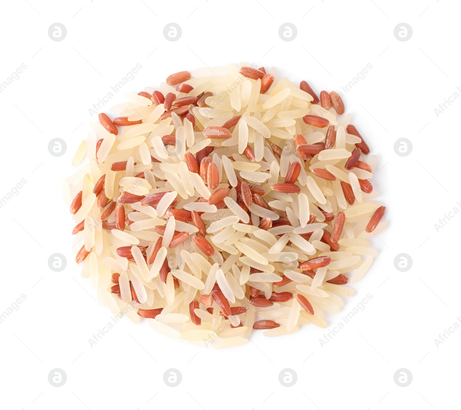 Photo of Mix of brown and polished rice isolated on white, top view