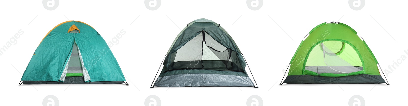 Image of Set with different bright camping tents on white background. Banner design