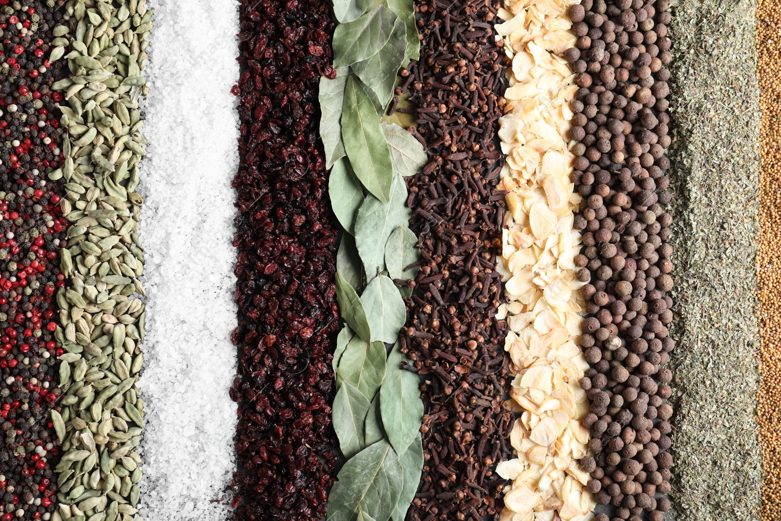 Photo of Many different spices as background, top view