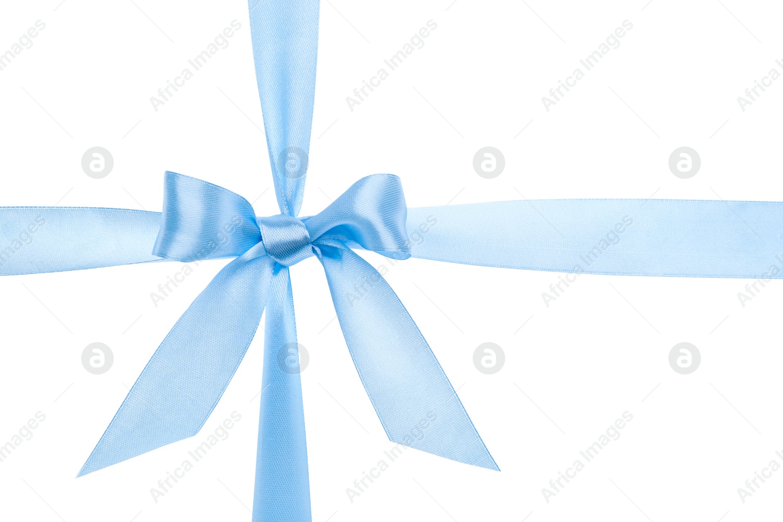 Photo of Light blue ribbon with bow on white background. Decoration for gift box