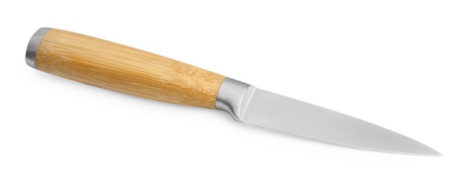 Photo of One sharp knife with wooden handle isolated on white