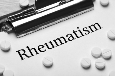 Photo of Word Rheumatism printed on white paper and pills, closeup