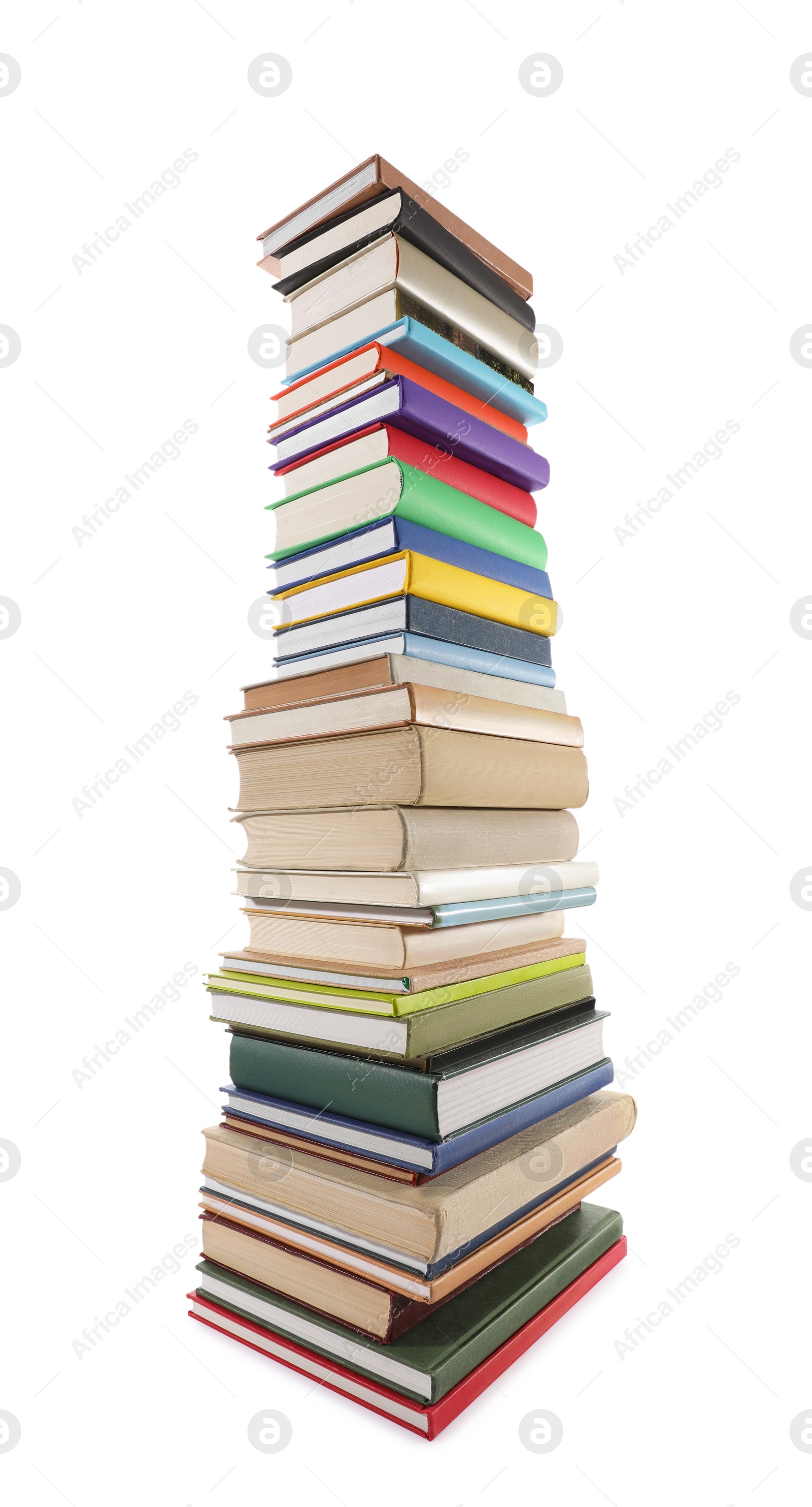 Photo of High stack of many different books isolated on white