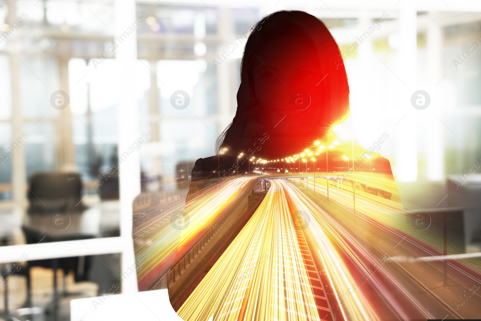 Image of Double exposure of successful businesswoman and cityscape