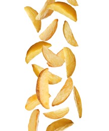 Image of Tasty baked potatoes falling on white background