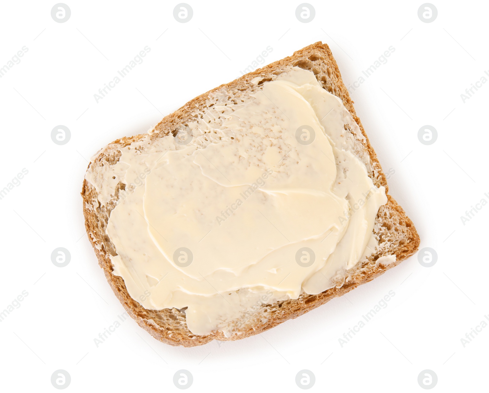 Photo of Fresh bread with butter on white background, top view