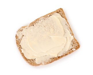 Fresh bread with butter on white background, top view