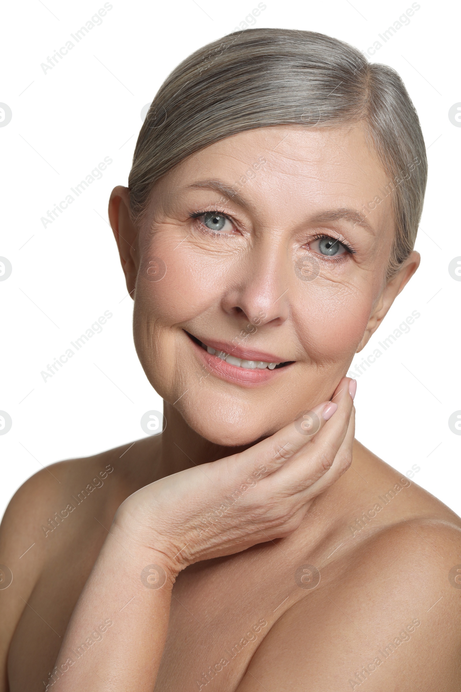 Photo of Beautiful mature woman with healthy skin on white background
