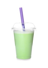 Photo of Plastic cup with tasty milk shake on white background