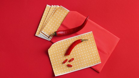 Photo of Pepper plasters and chili on red background, flat lay