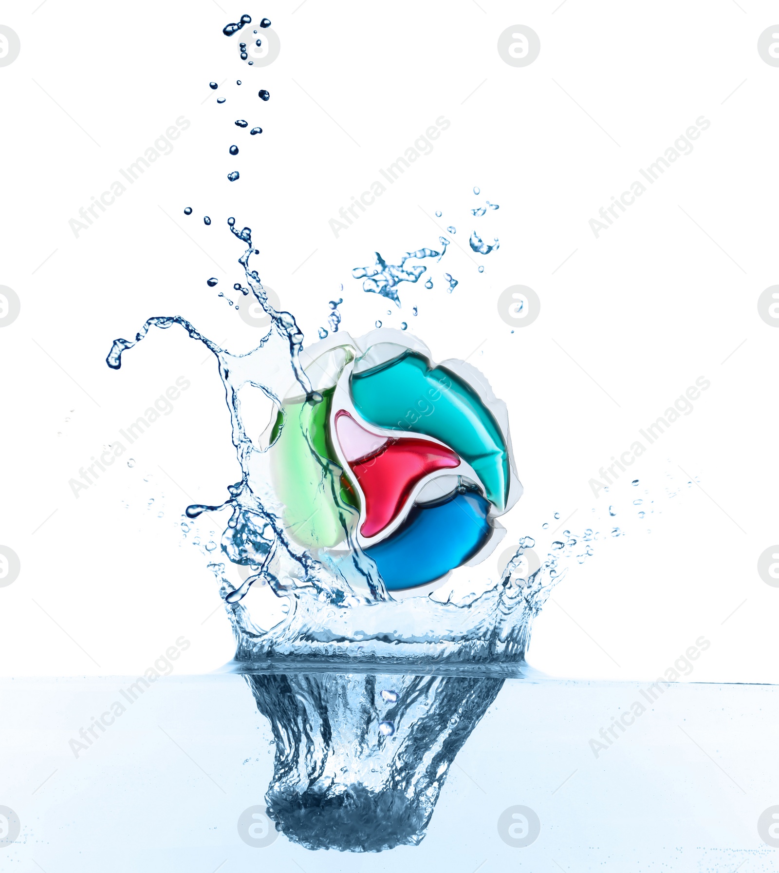 Image of Laundry capsule falling into water on white background. Detergent pod