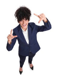 Photo of Beautiful businesswoman in suit on white background, above view