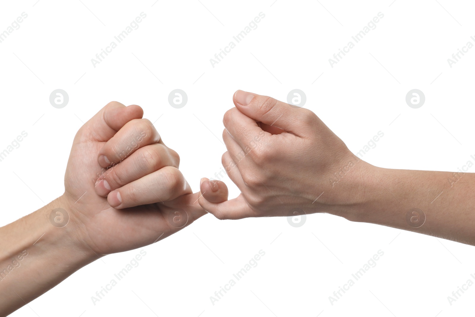 Photo of Man and woman holding little fingers together on white background, closeup