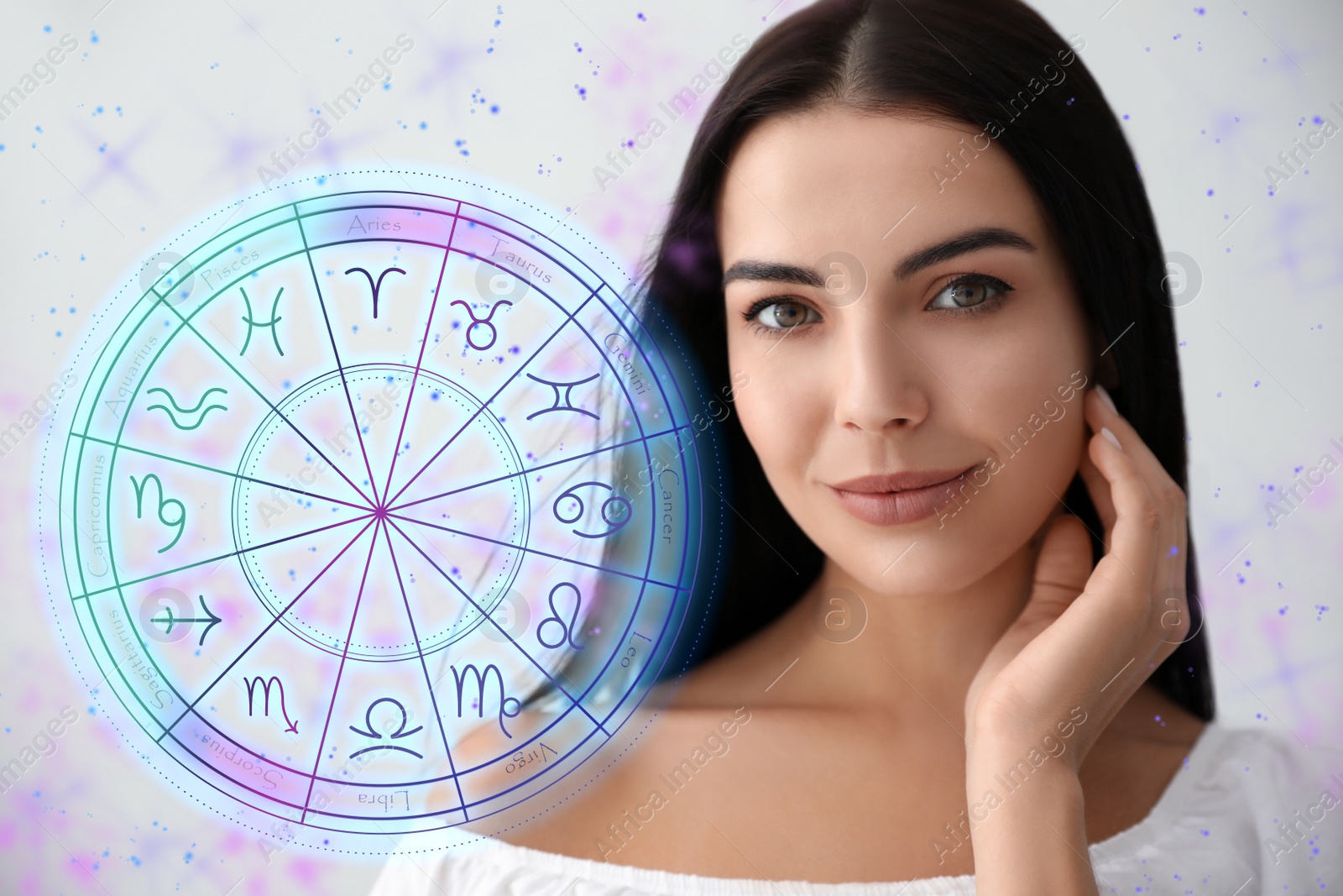 Image of Beautiful young woman and illustration of zodiac wheel with astrological signs on light background