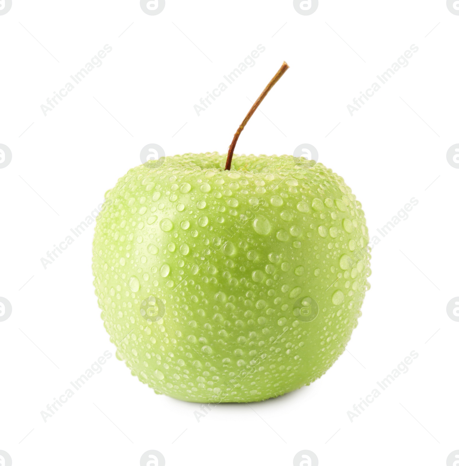 Photo of One ripe green apple with water drops isolated on white