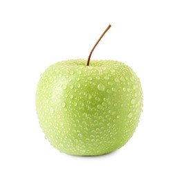 Photo of One ripe green apple with water drops isolated on white